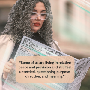 Woman reading news, symbolizing women seeking meaning and purpose in a chaotic world